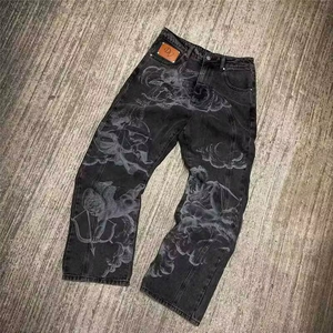 Jean baggy vintage coupe droite noir et blanc délavé à l'acide pour homme, motif ange imprimé surdimensionné, denim hip-hop hiver - Product Image 2