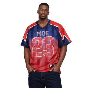 Men Trendy American Football Jersey Rhinestone shaded Blue <b>Red</b> Gradient Mesh V-Neck <b>Glitter</b> Bling Sparkly Team Sportswear Shirt - Product Image 2