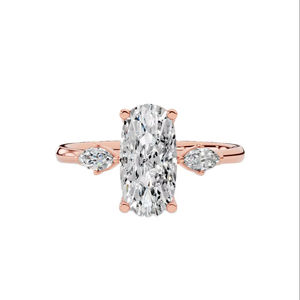 แหวนหมั้นเพชรรูปไข่เพาะเลี้ยงทรงยาว ทอง 10K ไร้สี VVS ขนาด 11x5.5 มม. ประดับเพชรเม็ดใหญ่ตรงกลาง พร้อมลายมาร์คีส์ - Product Image 1