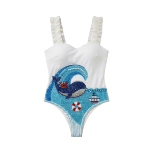 Traje de Baño Blanco de Una Pieza con Diseño de Vida Marina Bordado a Mano con Cuentas, Tirantes con Volantes, Transpirable, Ajustado, Sin Mangas, Mini Traje de Baño - Product Image 1