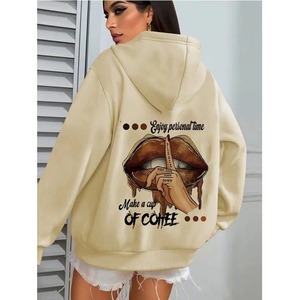 Sweat-shirt rose à capuche pour femme, coupe oversize, imprimé lèvres café, motif lettres au dos, tricoté, manches longues, style décontracté automne - Product Image 4