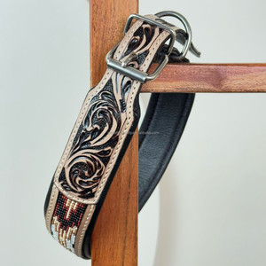 Luxury Durable Premium Beaded Colorful Hand Tooled Leather Dog Collar Genuine Cowhide Leather Colorful Beaded <b>Padded</b> Pet Collars - Product Image 5
