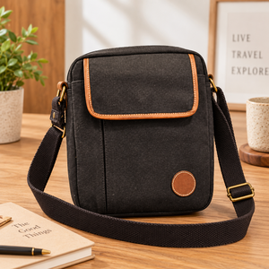 Sac bandoulière en toile de coton de qualité supérieure avec garniture en cuir et poche à rabat avant – Sac de voyage décontracté avec bandoulière réglable - Product Image 2