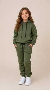 Ensemble de survêtement à capuche vert olive pour filles, manches longues, couleur unie, sweat-shirt et pantalon décontractés avec poches latérales, 100% coton, automne - Product Image 1
