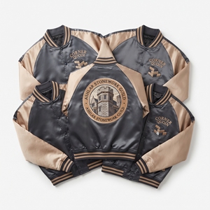 Wholesale B2B Supplier Grey Gold Satin Varsity Jacket Snap Button Custom Embroidered Ashlar Stonework Guild Baseball <b>Coat</b> - Product Image 1