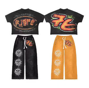 Ensemble deux pièces T-shirt et pantalon en coton 100% de haute qualité, coupe oversize, imprimé, délavé à l'acide, effet vieilli - Product Image 2
