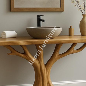 Base de meuble-lavabo de luxe artisanale moderne en racine d'arbre antique, console de salle de bain artistique en bois massif avec miroir mural inclus - Product Image 3