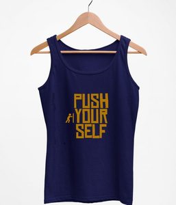 Camiseta sin mangas azul marino para mujer con estampado 'Push Yourself', cuello redondo, ropa informal para entrenamiento, 100% algodón, tejido transpirable, logo frontal - Product Image 3
