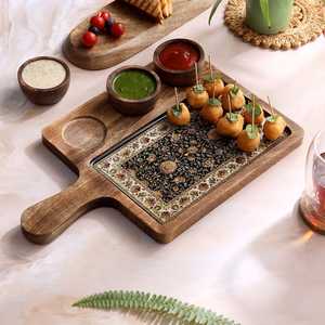 Handmade Wooden <b>Cake</b> <b>Stand</b> with Four Pieces Rectangle Shape Decorative Inlay Design Eco-Friendly Dessert Platter Hand Wash Only - Product Image 2