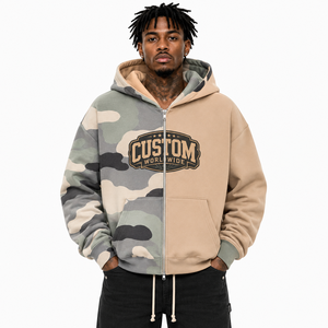 Custom Split <b>Camo</b> Zip Up <b>Hoodie</b> Two Tone Heavyweight Fleece Zip Sweatshirt <b>Men</b> Graphic Full Zipper Colorblock Streetwear Jacket - Product Image 1
