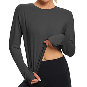 Camiseta deportiva de yoga transpirable, holgada, personalizada, lisa, de manga larga, ligera, para correr, gimnasio, yoga, para mujer. - Product Image 6