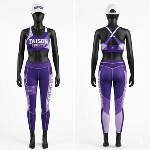 ชุดโยคะผู้หญิง 280 GSM ไนลอนผสมสแปนเด็กซ์ สีเขียว แต่งผ้าตาข่ายที่กางเกงเลกกิ้งและเสื้อชั้นในแบบสปอร์ตบรา สายไขว้หลัง พิมพ์ลายโลโก้ด้วยความร้อน ชุดออกกำลังกาย - Product Image 6