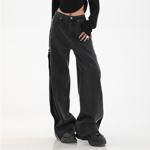 Pantalones vaqueros rectos de mezclilla estilo streetwear con múltiples bolsillos, pierna ancha, cintura alta, holgados, con cremallera, acampanados, vintage, para mujer, tipo cargo - Product Image 4