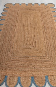 Coastal Braided Jute Area <b>Rug</b> Rectangle Scalloped Edge Non-Slip <b>Flat</b> Weave Hallway <b>Rug</b> Natural Blue Trim - Product Image 5