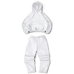 Ensemble de survêtement unisexe en coton blanc, à capuche, manches longues, couleur unie, coupe décontractée, pantalon et sweat à capuche avec cordon de serrage, pour l'automne - Product Image 1