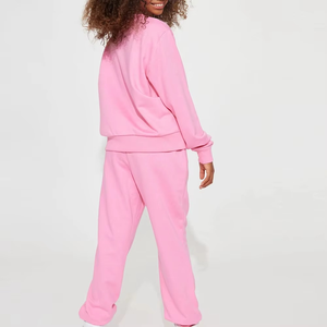 Ensemble de survêtement en coton rose pour femmes grandes tailles, col rond, manches longues, coupe ample, couleur unie, vêtements décontractés d'automne avec poches latérales - Product Image 2