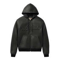 Sweat à capuche en cuir Nappa SCRIPT, sweat à capuche en cuir d'agneau, streetwear pour hommes, sweat à capuche en cuir avec fermeture éclair, sweats à capuche Avirex noirs