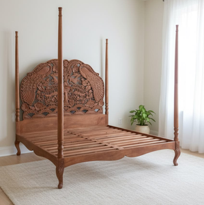 Natural light wood <b>platform</b> <b>bed</b> with a distinctive fan-shaped carved feather headboard silhouette, available at wholesale prices - Product Image 3