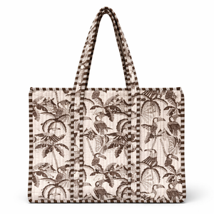 Bolso Tote Bohemio de Algodón Acolchado Premium para Mujer, Color Marrón con Estampado Tropical, Hecho a Mano, para Viajes y Uso Diario - Product Image 1