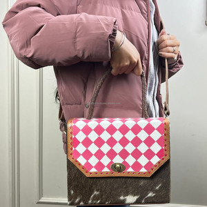 Western Style Pink & White Checkered Cowhide Leather Handbag for Women's Hand Tooled Crossbody Shoulder Bag with Braided Handle - Product Image 4