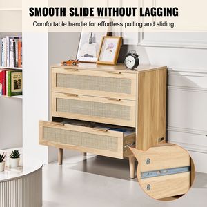 Comò Moderno a 3 Cassetti in Rattan, Cassettiera in Legno Naturale, Organizzatore per Vestiti con Stile Boho per Applicazioni in Seminterrato - Product Image 6