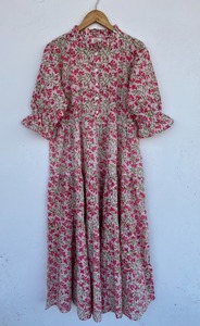 Women Pink Floral Cotton Maxi Dress Balloon Sleeve Ruffle Collar Button Front Flared Tiered <b>Summer</b> Dress Private Label Clothing - Product Image 3