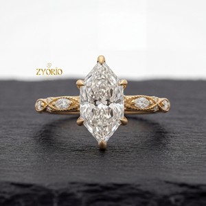 แหวนหมั้นเพชรทรงมาร์คีส์วินเทจ เพชรเลี้ยงในห้องปฏิบัติการ ทองคำแท้ 14K แหวนแต่งงานสำหรับผู้หญิง สไตล์โบราณ เครื่องประดับชั้นดีสำหรับงานปาร์ตี้ - Product Image 2