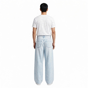 Jean large pour homme, délavé clair, taille haute, coupe ample, en denim bleu uni, décontracté, avec rivets et boutons, exporté du Bangladesh - Product Image 3