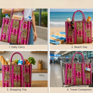 Bolso Tote de Algodón Acolchado con Estampado de Tigre Rosa, Bolso de Hombro de Tela Acolchada Hecho a Mano con Ribete en Contraste, el Mejor Bolso de Compras para Mujer - Product Image 3