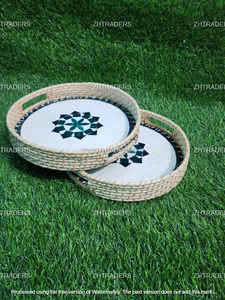 Plateau de service rond en rotin incrusté de nacre fait à la main de luxe Cadeau abordable pour l'Aïd, le Ramadan et l'élégance de tous les jours - Product Image 5