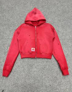 <b>Red</b> Zip-Up <b>Hoodie</b> Crop Length Oversized Fit With Front Logo Pocket Casual Autumn Wear Unisex French Terry Sweatshirt - Product Image 1