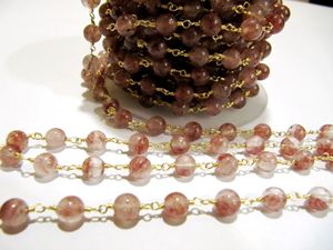 Natural Strawberry Quartz Round Plain Smooth 6mm Beaded Rosary <b>Wire</b> Wrapped Chain - Product Image 2