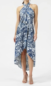 Robe mi-longue en tissu paisley tissé pour femme, style streetwear vietnamien, col croisé, étiquette personnalisée, usage quotidien, silhouette trapèze - Product Image 4