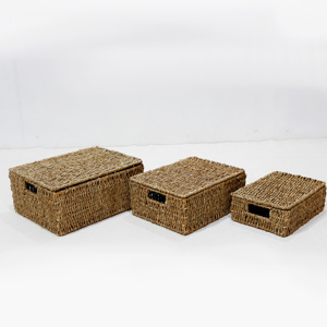 Brown <b>Rectangular</b> Sedge <b>Storage</b> <b>Baskets</b> with Lids and Handles Stackable Nesting Design Nordic Style Multi-Purpose Organizers - Product Image 2