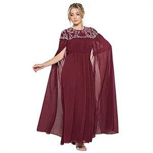Modern Embellished <b>Sheer</b> Cape Sleeve Tea-Length Wrap Silhouette Evening Gown with Built-in <b>Bra</b> Embroidery & Beaded Decoration - Product Image 1