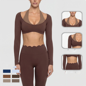 Conjunto de Ropa Deportiva para Gimnasio con Bordes Florales y Logotipo Personalizado, Conjunto de Yoga para Mujer, Top Halter de Manga Larga, Traje de Yoga para Entrenamiento al Aire Libre - Product Image 3