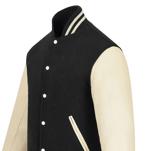 Veste de baseball personnalisée en laine avec manches en cuir, couleur noir et crème, col rabattu, coupe classique - Product Image 5