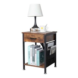 Comodino FCH in truciolato effetto legno antico con tubo in ferro nero Triamine e borsa portaoggetti rimovibile in feltro - Product Image 6