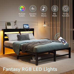 Struttura letto matrimoniale in metallo con testiera in legno, luci RGB, prese di corrente, caricatore, ripiano contenitore silenzioso, nessuna rete a molle necessaria - Product Image 2