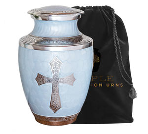 Urna Funeraria Cristiana de Metal Azul Claro con Cruz Plateada |   Urna Funeraria para Cenizas Humanas de Adultos |   220 Pulgadas Cúbicas Ecológicas y Duraderas - Product Image 4