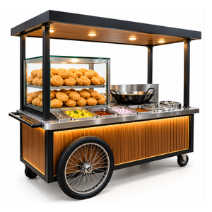 Chariot mobile à trois roues en acier inoxydable à triple essieu pour kachori, avec vitrine extérieure, table vapeur et étagères à 2 niveaux, alimentation intégrée - Product Image 1