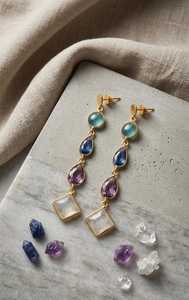 Boucles d'oreilles pendantes géométriques en laiton plaqué or avec quartz serti clos, bijoux de fête bohèmes pour femmes - Product Image 1