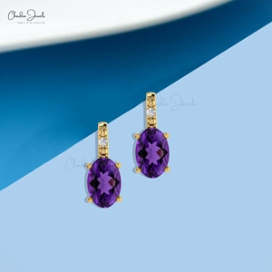 <b>Asian</b> Manufacturers 6x4mm Oval Cut Amethyst Earrings in 14k Solid Gold Diamond Accent Push Back Earrings Christmas Gift For Her - Product Image 5