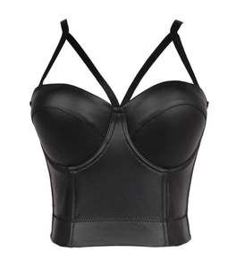 Top bralette en cuir fait main pour femme, crop top en cuir véritable noir, bretelles ajustables en cuir - Product Image 3