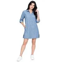 Robe chemise en denim de coton bleu clair, col rabattu, manches longues, mini, pour femme, tissu doux et respirant, décontractée, printemps, été, hiver