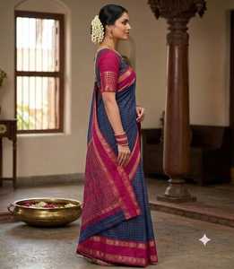 Dola Silk <b>Gap</b> Bentex Border With Chex Weaving & Printed Pallu - Product Image 2