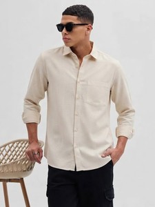 Chemise à manches longues unie pour homme Enovate, décontractée, respirante, en tissu tissé, beige, lin, 200g - Product Image 1
