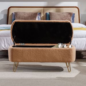 Panca Moderna in Finta Pelliccia di Cammello con Gambe Dorate, Pouf Contenitore per Fondo Letto, Sgabello Imbottito e Pouf - Product Image 6