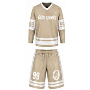 Men Beige Sublimated Ice Hockey Set Jersey Shorts Polyester Striped <b>Athletic</b> Team Sportswear Match Training Apparel - Product Image 1