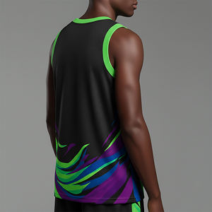 Camiseta de Baloncesto Sublimada Personalizada para Hombre, Sin Mangas, Degradado Negro, Verde y Morado, Cuello en V, Absorbe la Humedad, Ajuste Atlético - Product Image 3